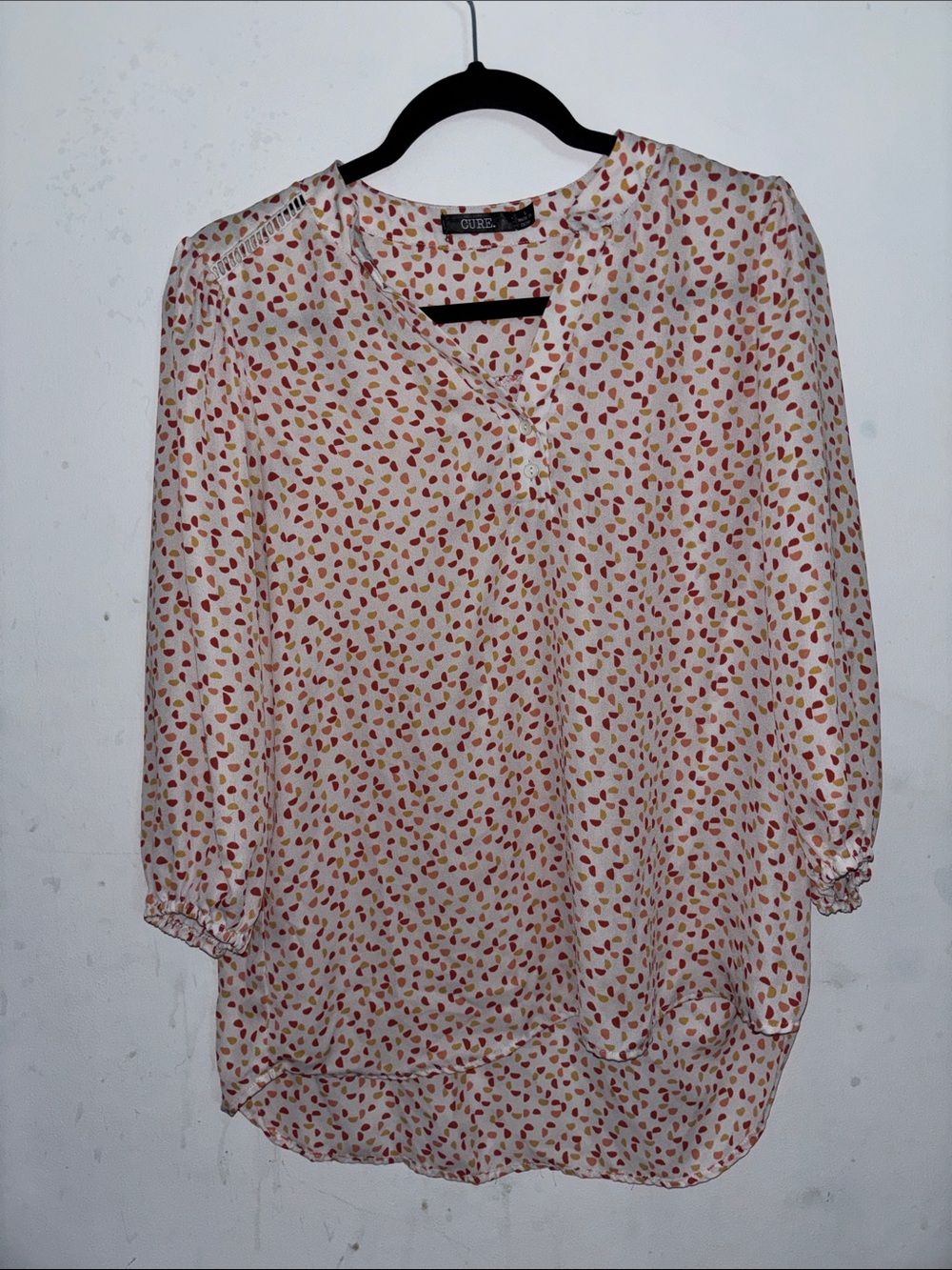 Cream Peasant Blouse with Red & Orange Print
